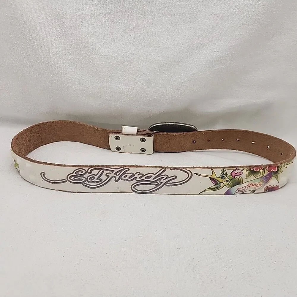Belt Ed Hardy by Christian Audigier Womens Tattoo Graphic Studded Leather M